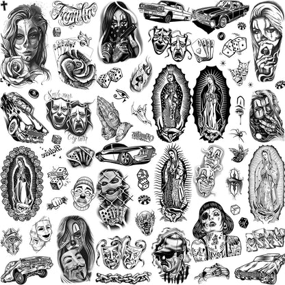 Chicano Temporary Tattoos, 6 Sheets of Chicana and Guadalupe Inspired Body Art for Adult Men and Women, Halloween and Day of the Dead Styling