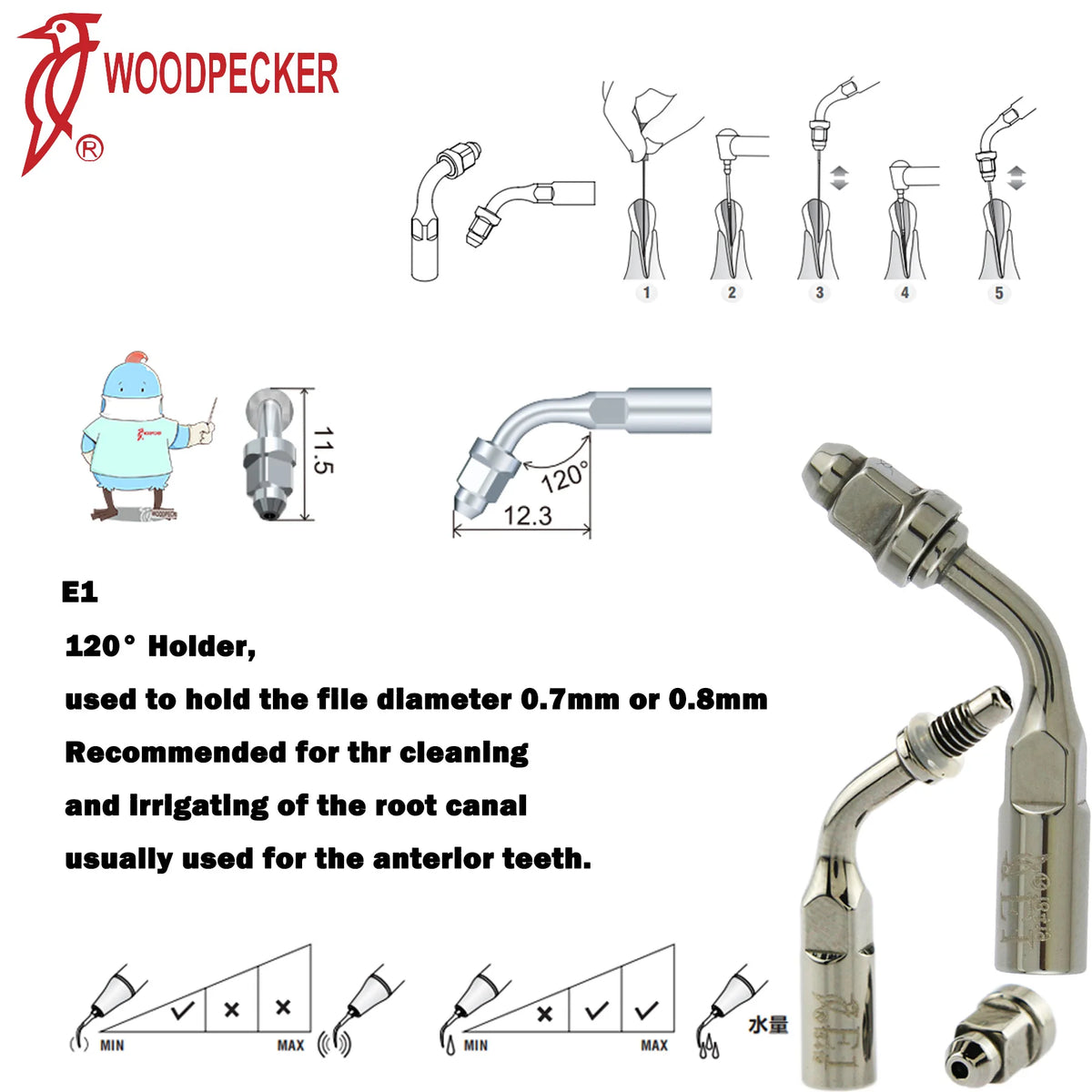 Ultrasonic Scaler Handpiece and Tip Options by Woodpecker, HW-5L LED Handpiece or P, E and G Series Tips for Compatible Dental Equipment