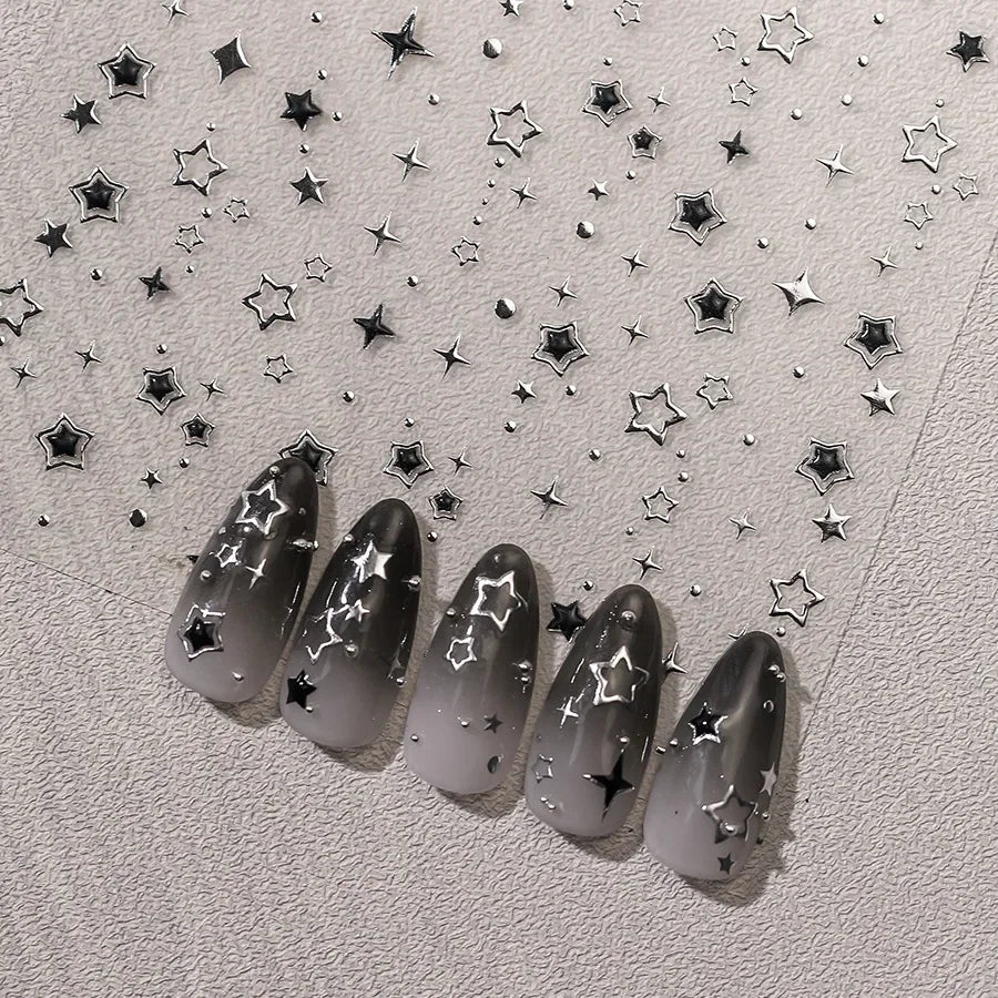 Star Nail Stickers with Five-Pointed Motifs, Black and Silver Color References and Hollow-Out Gilding-Style Details for Creative DIY Manicure Decoration