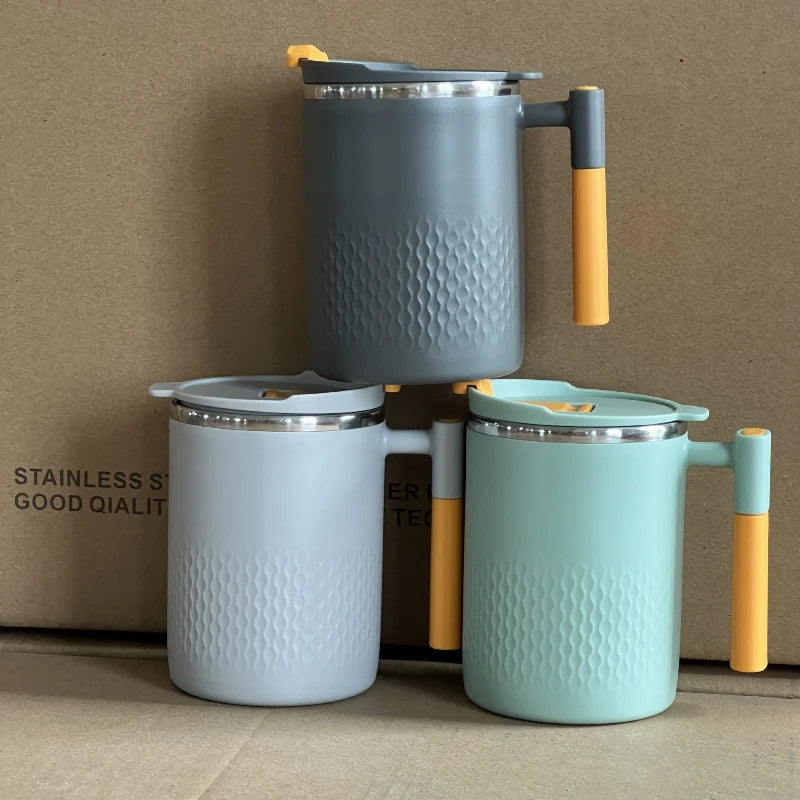 450ml Double Wall Coffee Mug with Handle and Lid, Listed 304 Stainless Steel Drinking Cup in A, B or C Options for Home Coffee, Tea and Office Breaks