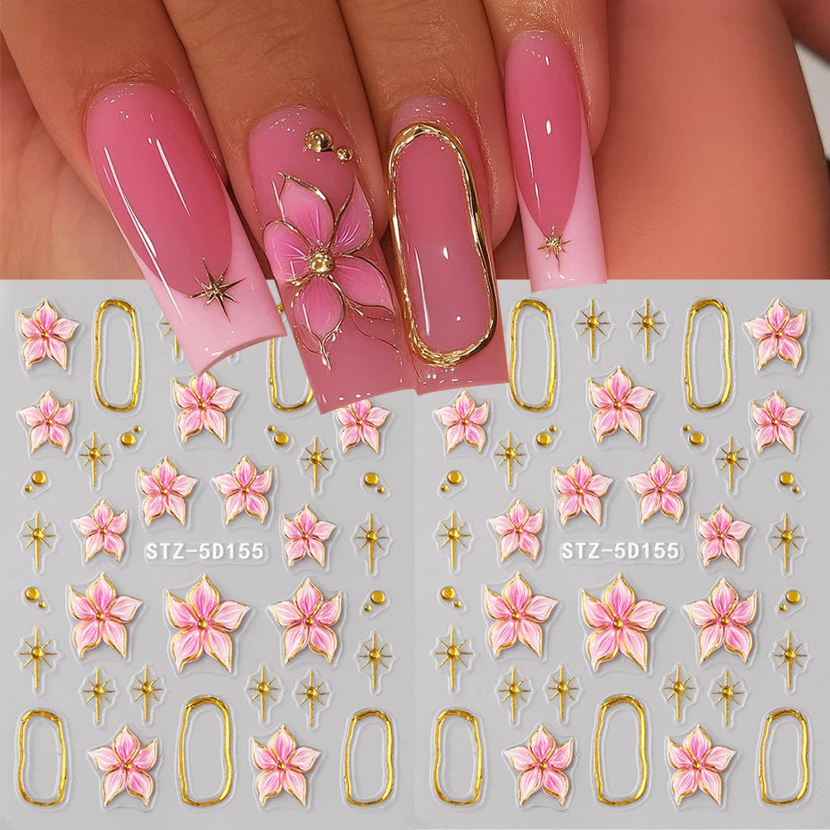 Hibiscus Flower Nail Stickers with Embossed Pink Floral and Golden Ring Details, 2-Piece 5D155 Self-Adhesive Decal Set for DIY Manicures and Party Nail Art