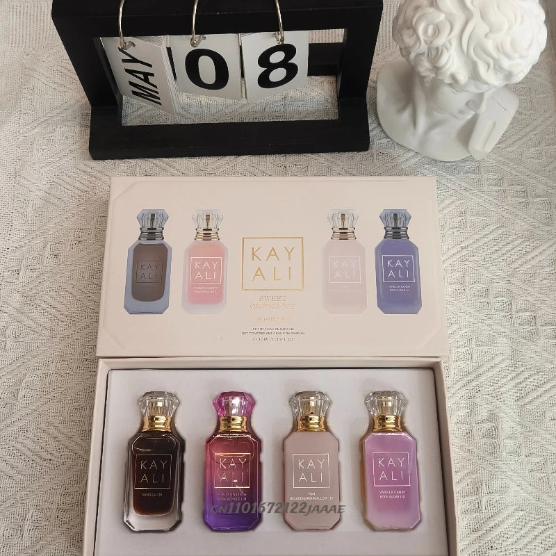 Four Scent Perfume Set with 4 x 10ml Bottles, Unisex Fragrance Assortment Options Featuring Listed Vanilla, Oud, Floral and Fruity Profiles for Everyday Wear and Gifts