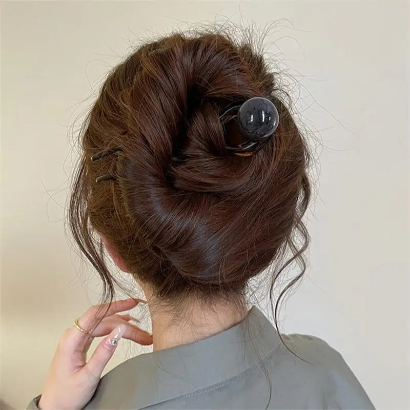 U-Shaped Hair Fork in Acrylic for Women's Bun and Updo Styling, Decorative Hair Stick with Green, Brown, Grey and Beige Labels Plus a Four-Piece Option
