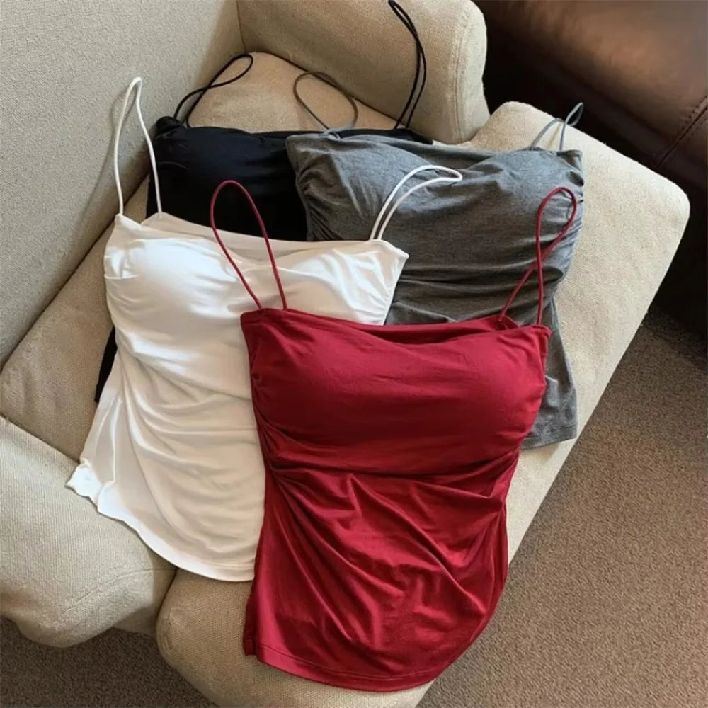 Women's Fixed Pad Crop Top with Thin Straps, Sleeveless Polyester Casual Tank in Red, Black, White or Grey, One Size for Layering and Going-Out Outfits