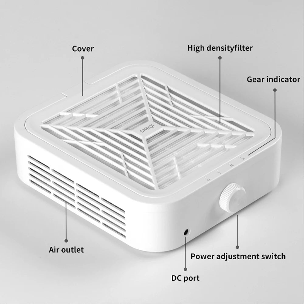 Manicure Nail Dust Extractor with WL007 and WL005 Model Options, US or EU Adapter Labels and Listed WL007 Reusable Filter with Extra Filter