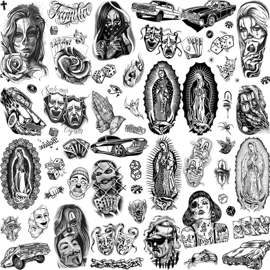 Chicano Temporary Tattoos, 6 Sheets of Chicana and Guadalupe Inspired Body Art for Adult Men and Women, Halloween and Day of the Dead Styling