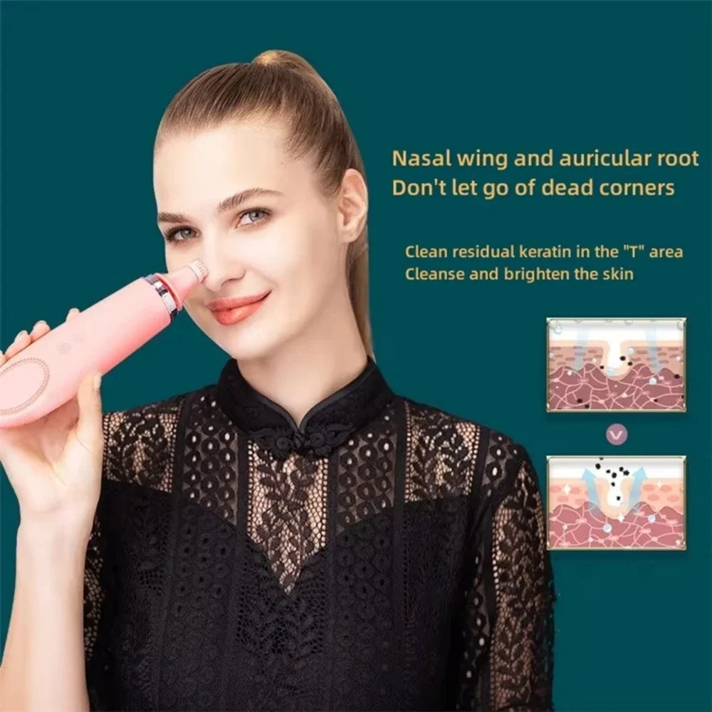 Heated Facial Cleansing Brush with USB Charging and Three Mode References, Silicone, Bristle and Rolling Head Descriptions with Three Single-Piece Option Labels