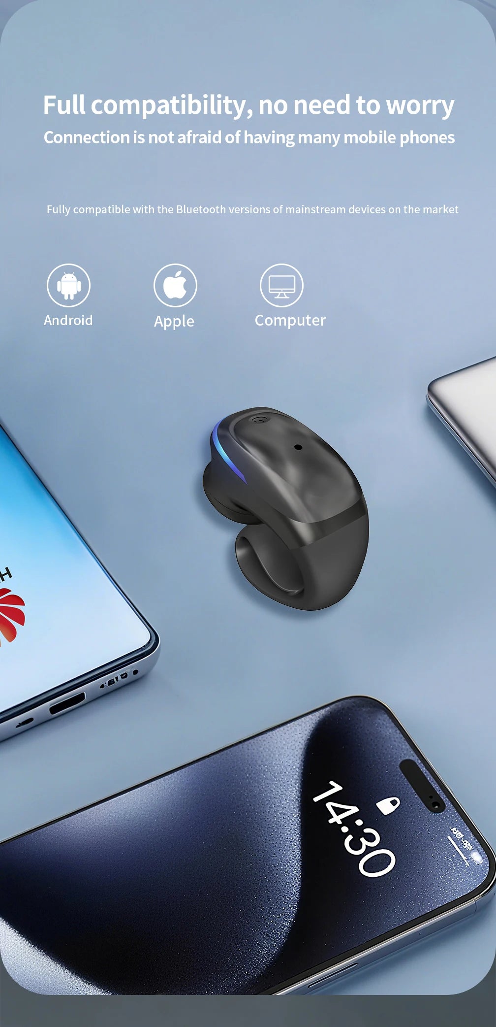 Single Ear Clip Earphone with Listed Bluetooth 5.3 Wireless Connectivity, Black or White Options and Sport-Style Headset Design for Personal Audio