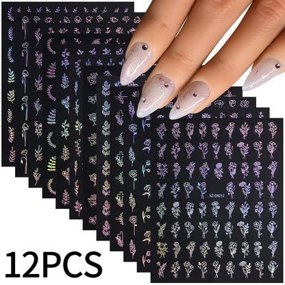 Gold Leaf Nail Stickers, 12-Piece Metallic 3D Floral Self-Adhesive Nail Art Decal Set for Botanical DIY Manicures, Party Styling and Salon Decoration