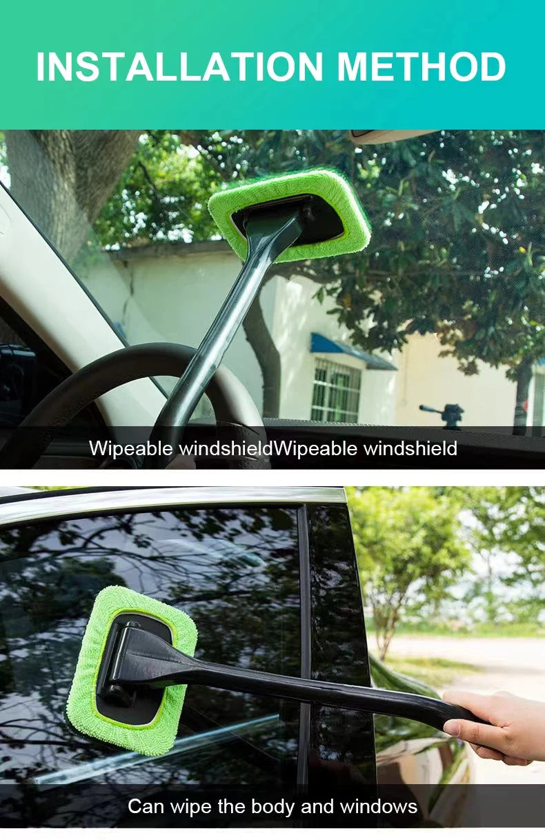 Car Windshield Cleaning Wand with Washable Microfiber Bonnet and Long Handle for Interior Auto Glass Care, Color Choices and Blue Three-Cloth Option