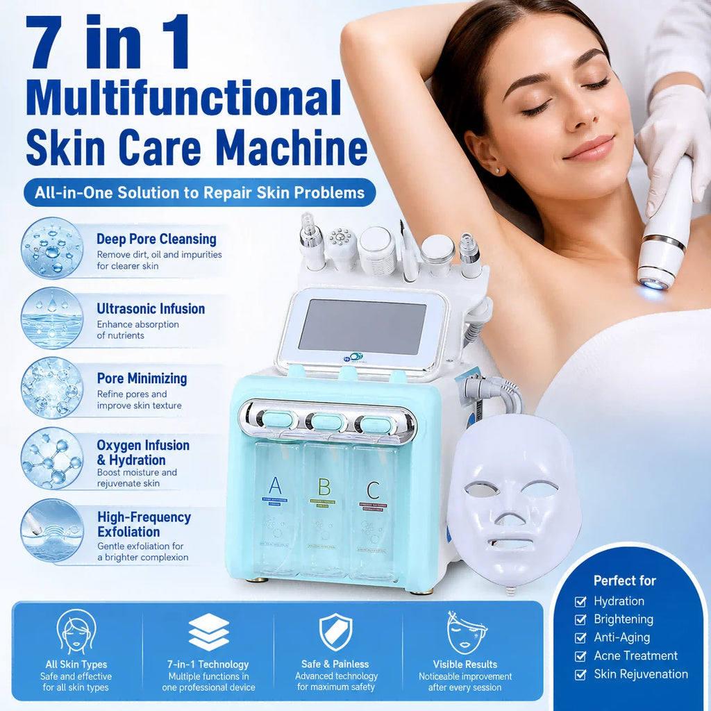 Touchscreen Hydro Facial Equipment with A/B/C Solution Tanks, Multi-Handpiece Beauty Machine References and 110v, 220v or DL Selection Labels