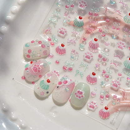 Jelly Nail Art Stickers with Cat Claw, Cherry and Bow Themes, Shiny 5D Self-Adhesive Nail Decals in TO5082 or TO5083 Styles for DIY Manicures