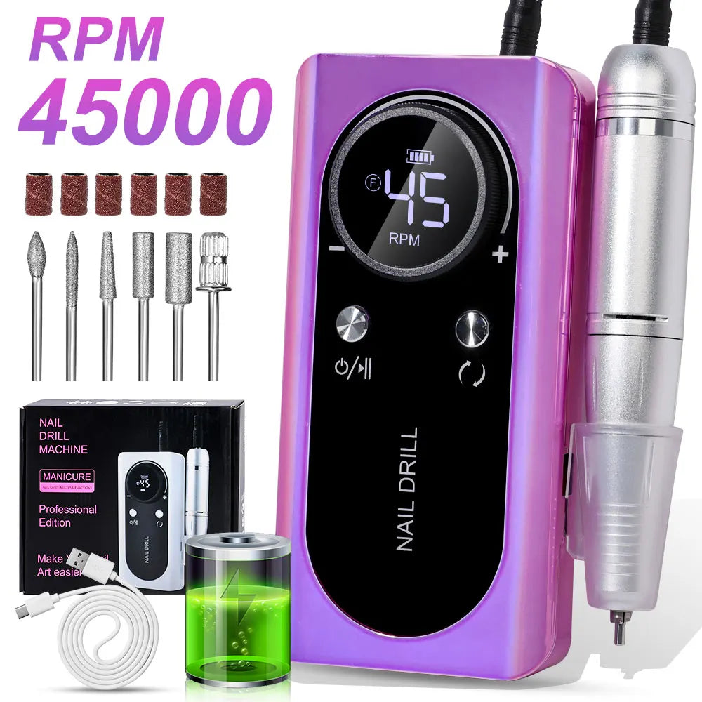Portable Nail Drill V2 with Listed 45,000 RPM Adjustable Speed, 1800mAh Rechargeable Battery, LCD Display and Six Bits for Acrylic and Gel Manicures