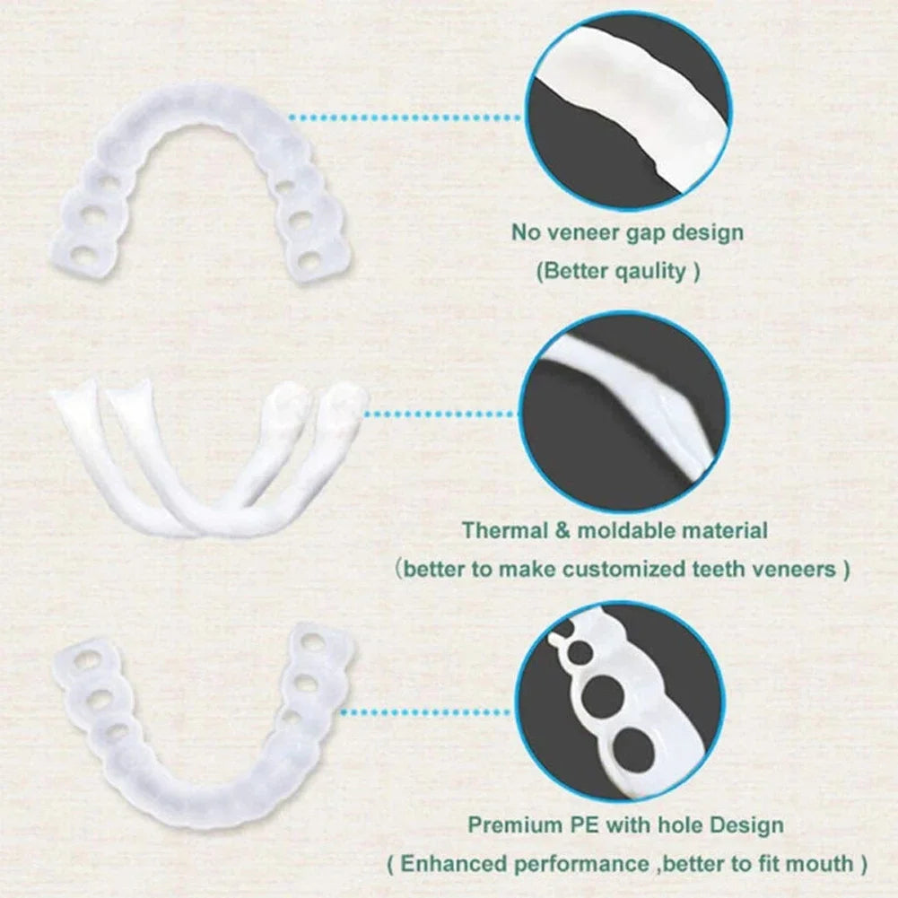 White Cosmetic Teeth Cover, Temporary False-Teeth Appearance and Denture-Style Listing with Material, Fit and Retention Requiring Professional Dental Review