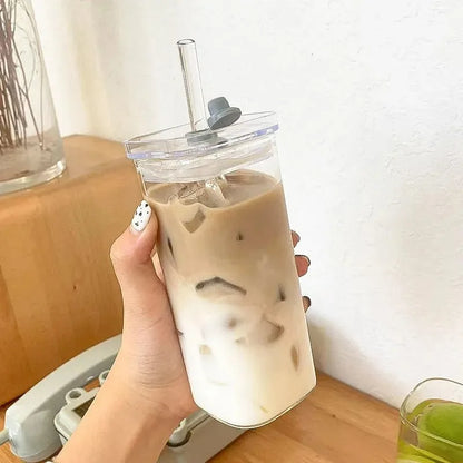 400ml Glass Coffee Cup with Listed Lid and Straw, Transparent Borosilicate Drinkware for Iced Coffee, Milk Tea and Juice with Square Cup and Bamboo Lid Options