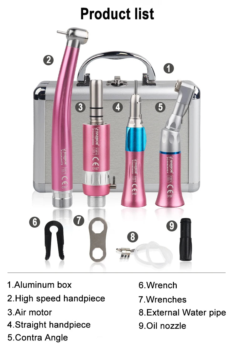 Dental Handpiece Set, 4-Piece High and Low Speed Air Turbine Kit with Straight Handpiece, Contra Angle and Air Motor, 2 or 4 Hole Options