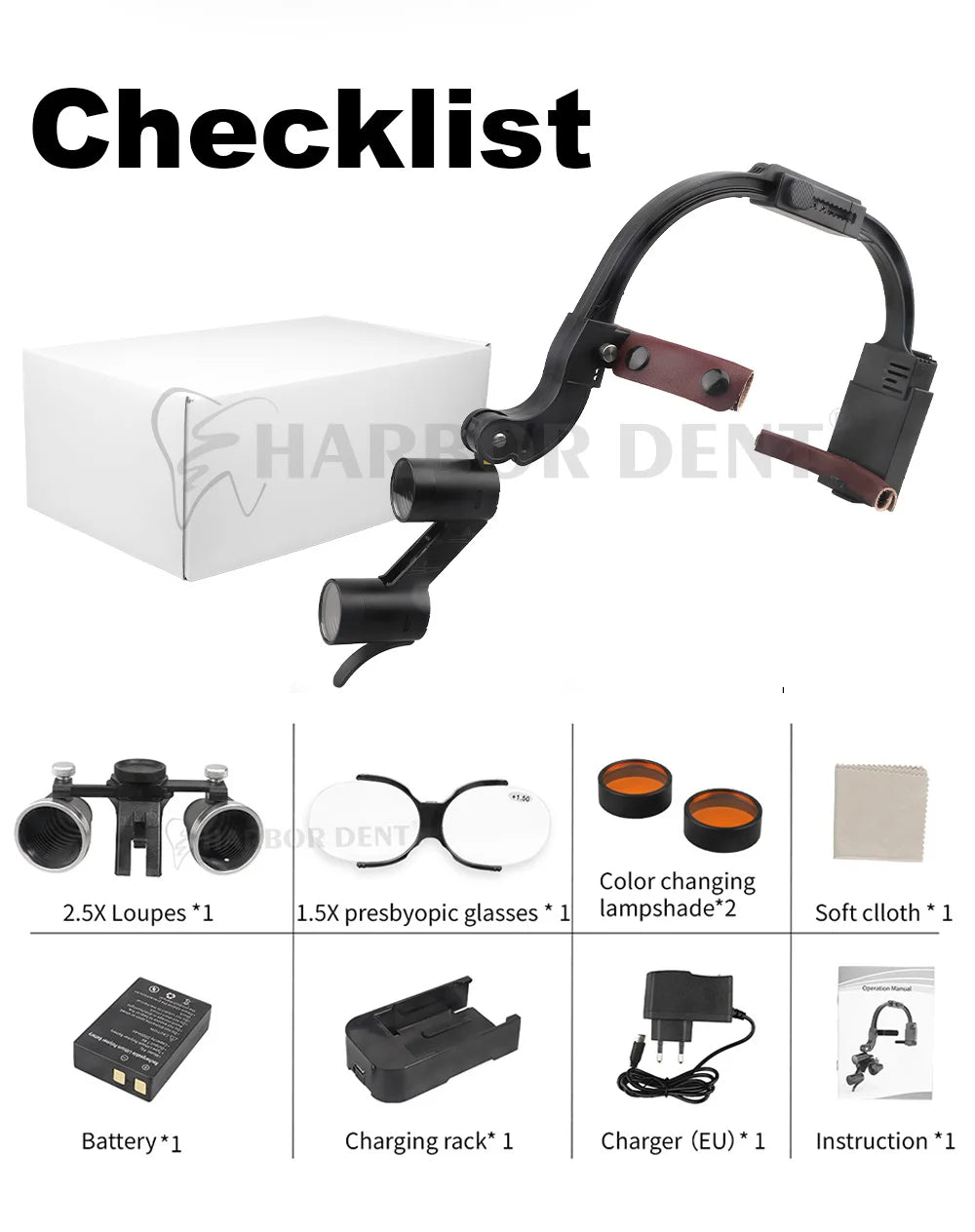 Headband Dental Loupes with LED Light, Binocular Magnifier in 2.5X or 3.5X Options with US or EU Selections and Four Colors for Professional Use