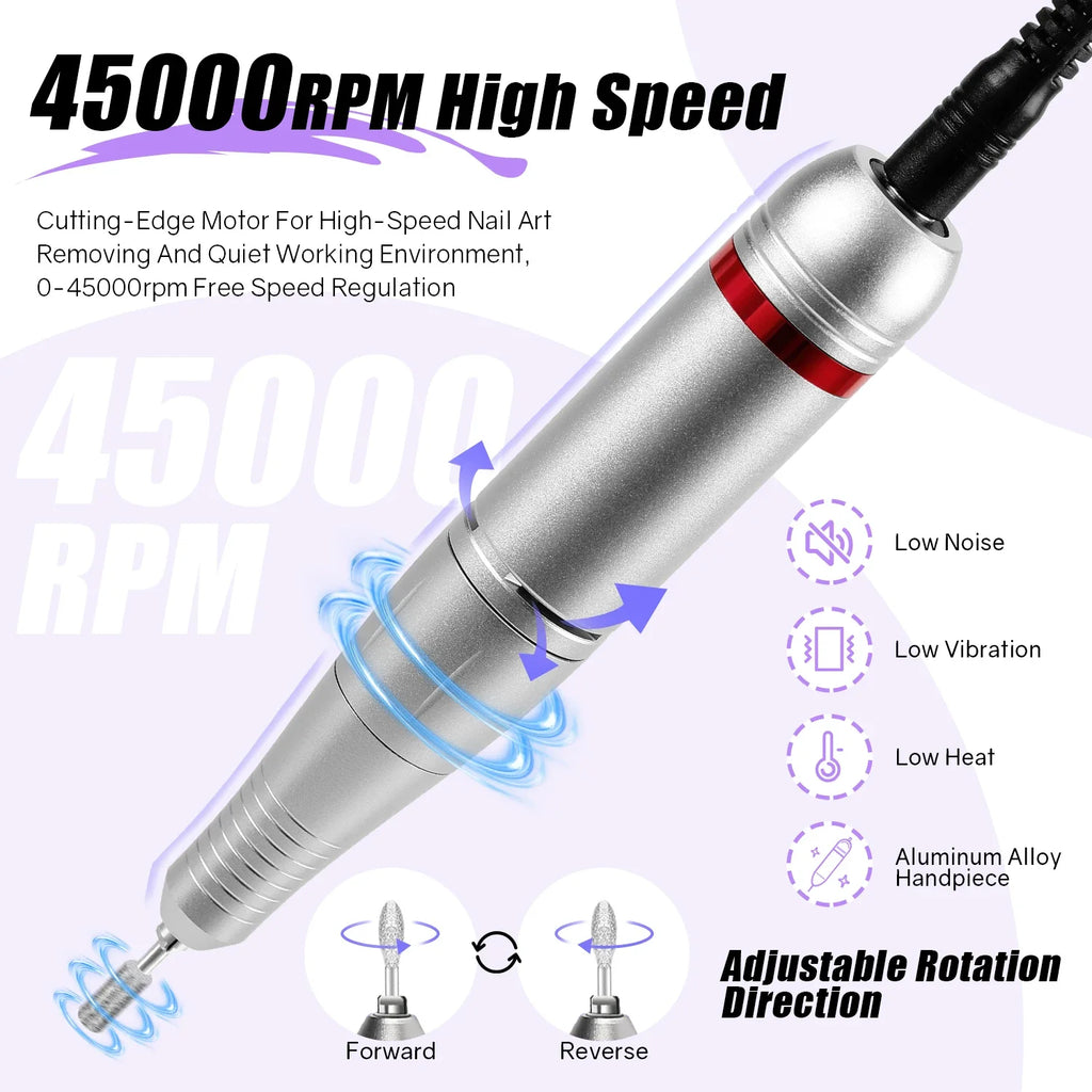Foot-Pedal Nail Drill with Listed 45,000 RPM Adjustable Speed, Forward and Reverse Rotation, White, Black, Pink or Colorful Sets and US or EU Plug Options