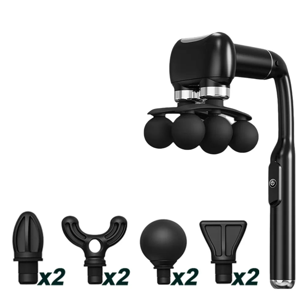 Six-Ball Massage Gun with Curved Long Handle, Adjustable Vibration and Listed USB-C Rechargeable Design, Black or Grey Handheld Massager for Personal Home Routines