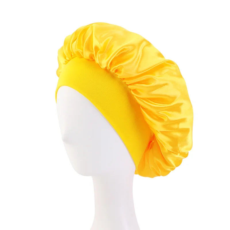 Wide Band Satin Sleep Bonnet with Listed Elastic Hair Wrap Design, Polyester Material Reference and Twenty-Eight Color Labels for Adult Nighttime Hair Styling