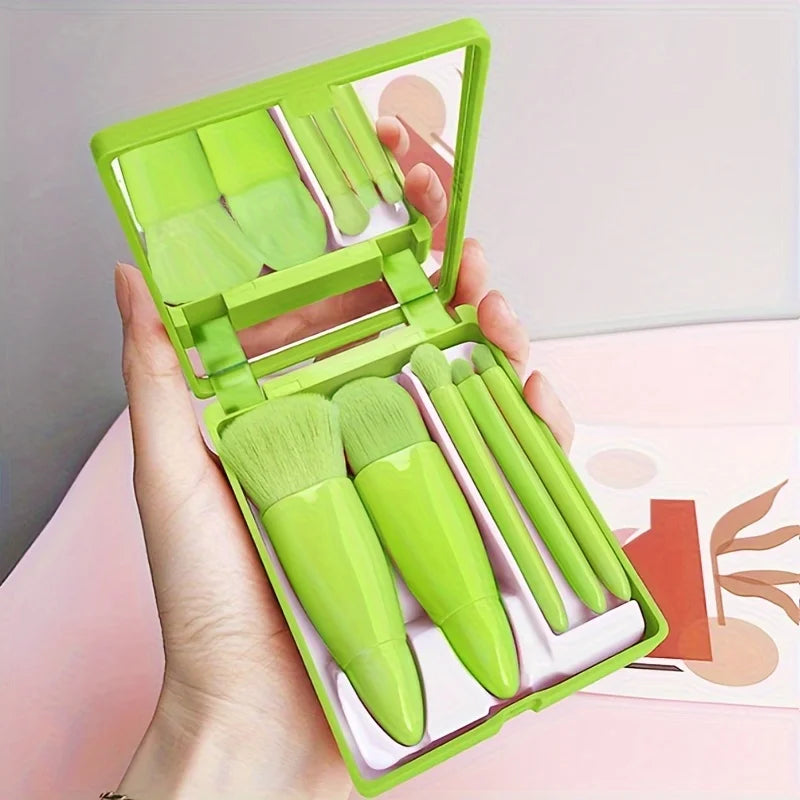 Mini Makeup Brush Set with Mirror and Foldable Travel Design, Listed Five-Piece Beauty Kit in Coffee Pink, Pink or Green for Everyday Touch-Ups