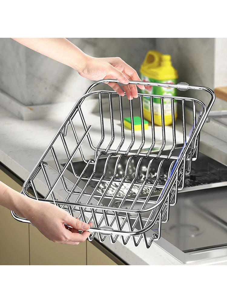 Telescopic Sink Drain Basket, Stainless Steel Expandable Dish Drying Rack with Medium or Large Size Options for Kitchen Cups, Plates and Produce Rinsing