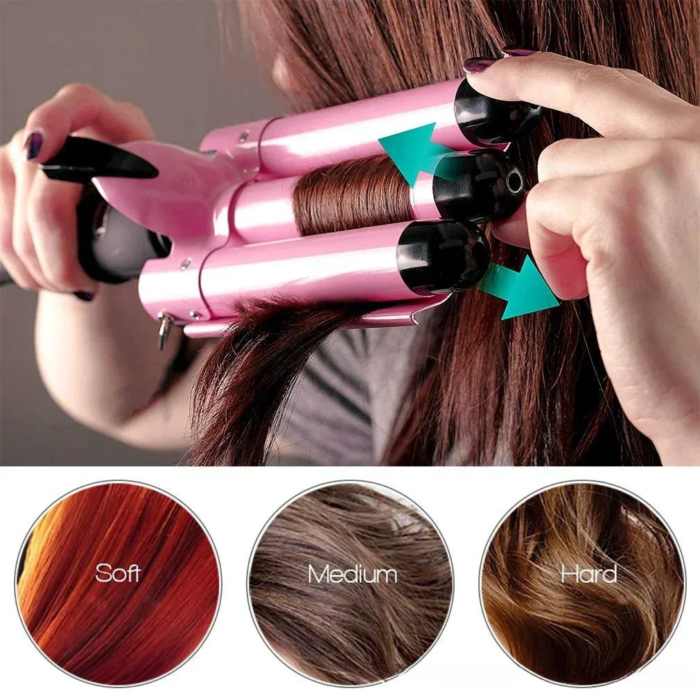 22mm Triple Barrel Hair Waver, Pink Wave Styling Iron with Ceramic Material Reference and UK, EU or US Plug Choices for Adult Hair Routines