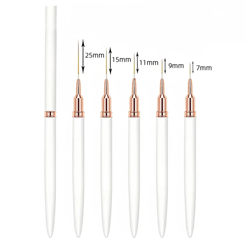 Nail Striping Brush Set, 5 Nail Art Liner Brushes in 7, 9, 11, 15 and 25mm Sizes for Fine Lines, Delicate Patterns and DIY or Salon Manicures