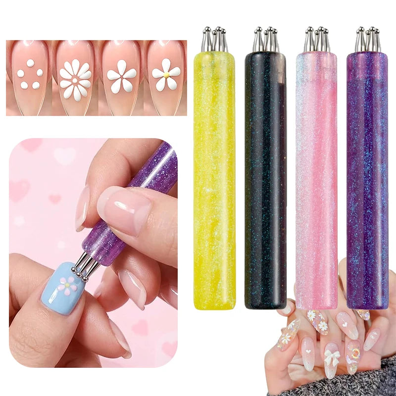 Five-Petal Nail Dotting Tool, 1.8mm Metal Fine Tip with Glitter Handle for Daisy Flower Nail Designs, Dot Patterns and Rhinestone Placement in Four Color Options