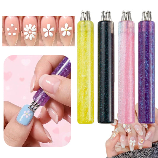 Five-Petal Nail Dotting Tool, 1.8mm Metal Fine Tip with Glitter Handle for Daisy Flower Nail Designs, Dot Patterns and Rhinestone Placement in Four Color Options