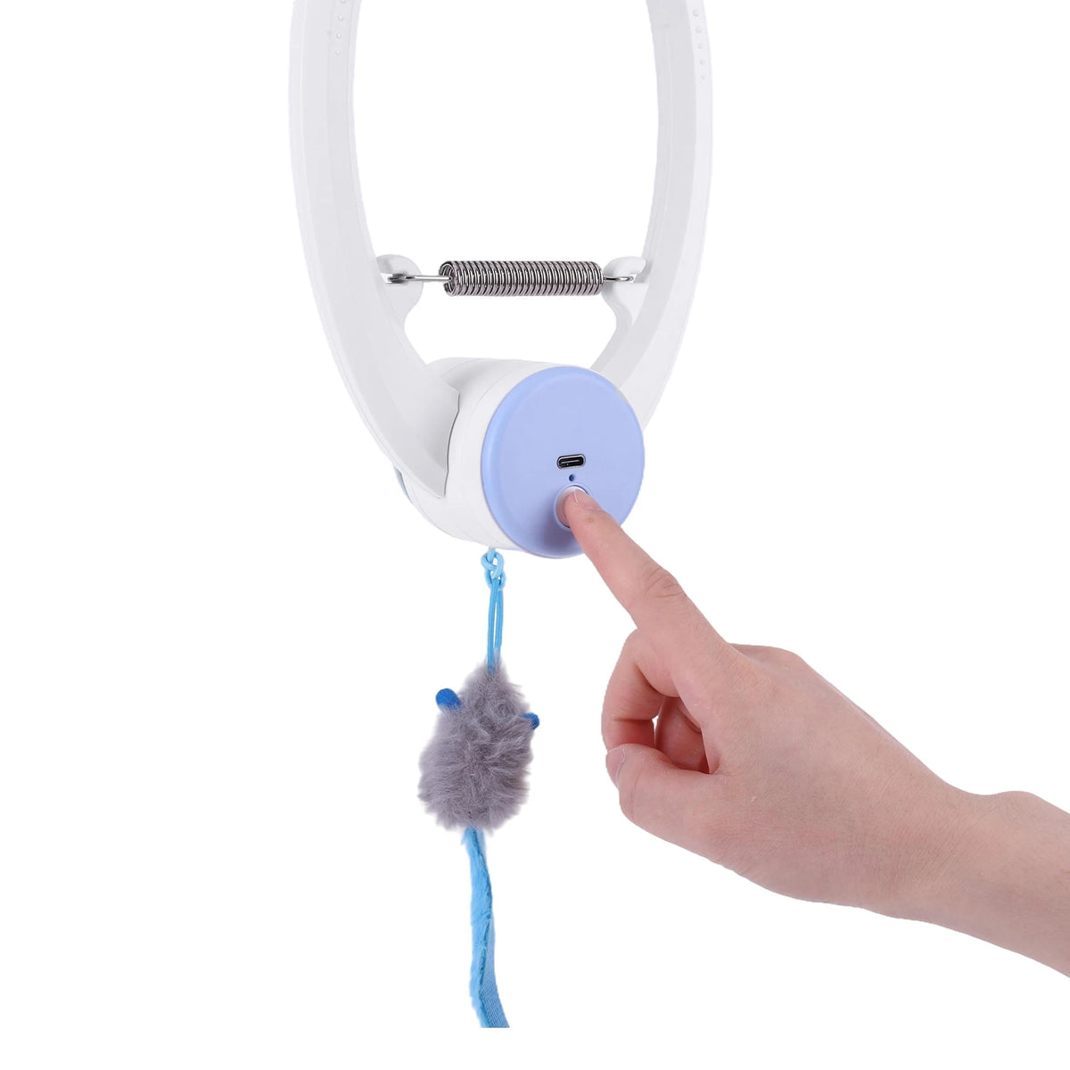 Rechargeable Door Hanging Cat Toy with Three Modes, Retractable Teaser Rope and Three Catnip Mouse Accessories, Blue Indoor Toy for Supervised Play