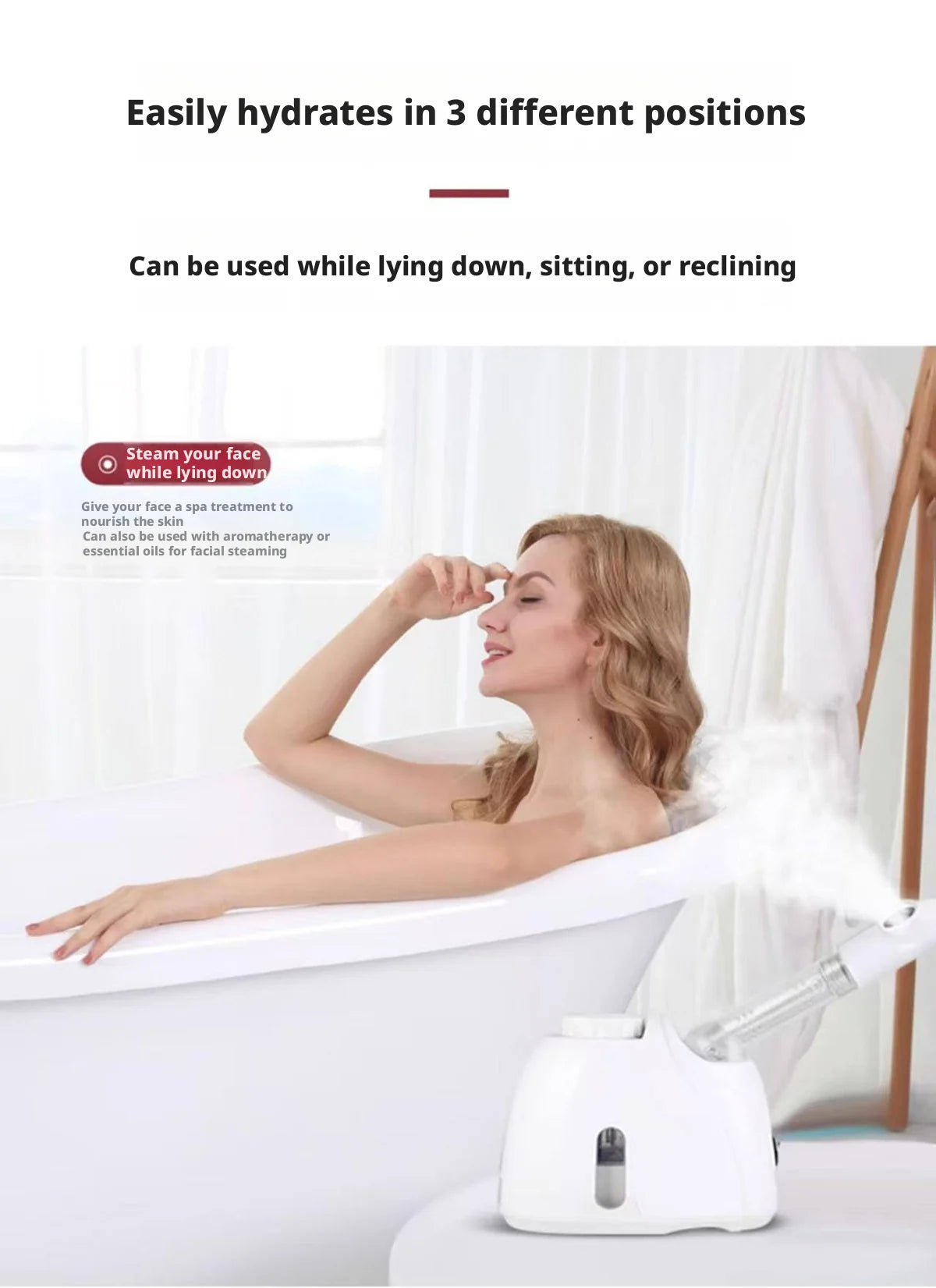 Rotating-Outlet Facial Steamer in White, 100ml Hot Steam Device with Extended Arm and Aroma Compartment for Home Beauty Routines, US or EU Options