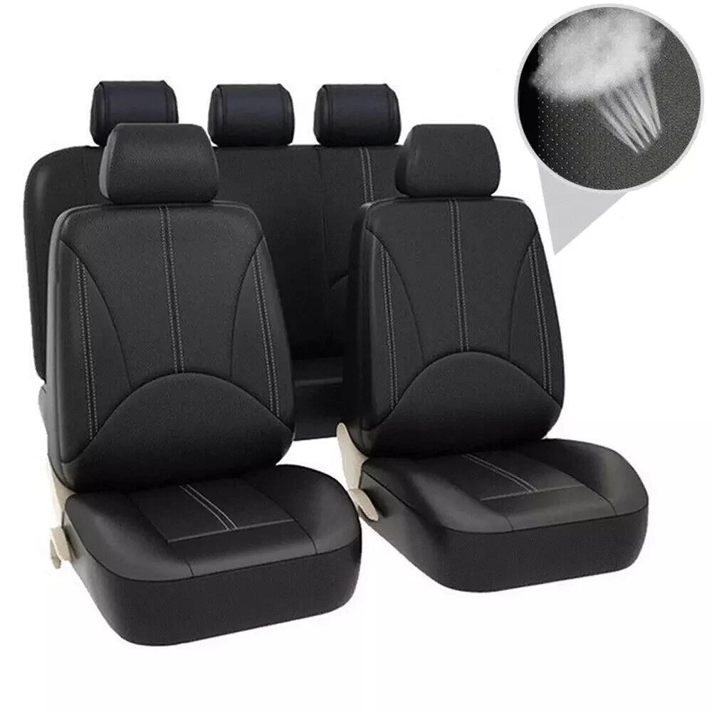 PU Leather Car Seat Cover Set, Nine-Piece Layout with Five Headrest Covers, Two Front Seat Covers and Separate Rear Bench Pieces for Compatible Interiors