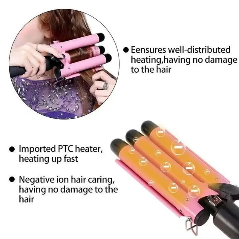 22mm Triple Barrel Hair Waver, Pink Wave Styling Iron with Ceramic Material Reference and UK, EU or US Plug Choices for Adult Hair Routines