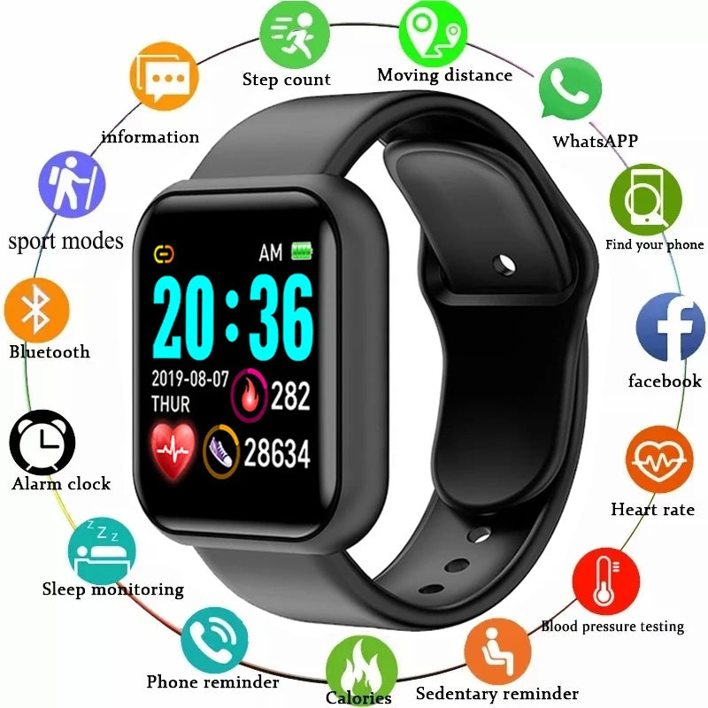 Y68 Smart Watch with Original Box for Men and Women, Gray, Black, White or Pink Wearable with Listed Sleep Monitoring and Heart Rate Functions for Compatible iOS and Android Phones