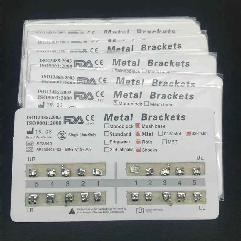 Dental Braces Brackets, 200-Piece Metal Orthodontic Supply in 10 Packs with Roth, MBT and Edgewise Model Options and Listed 022 Slot for Professional Use