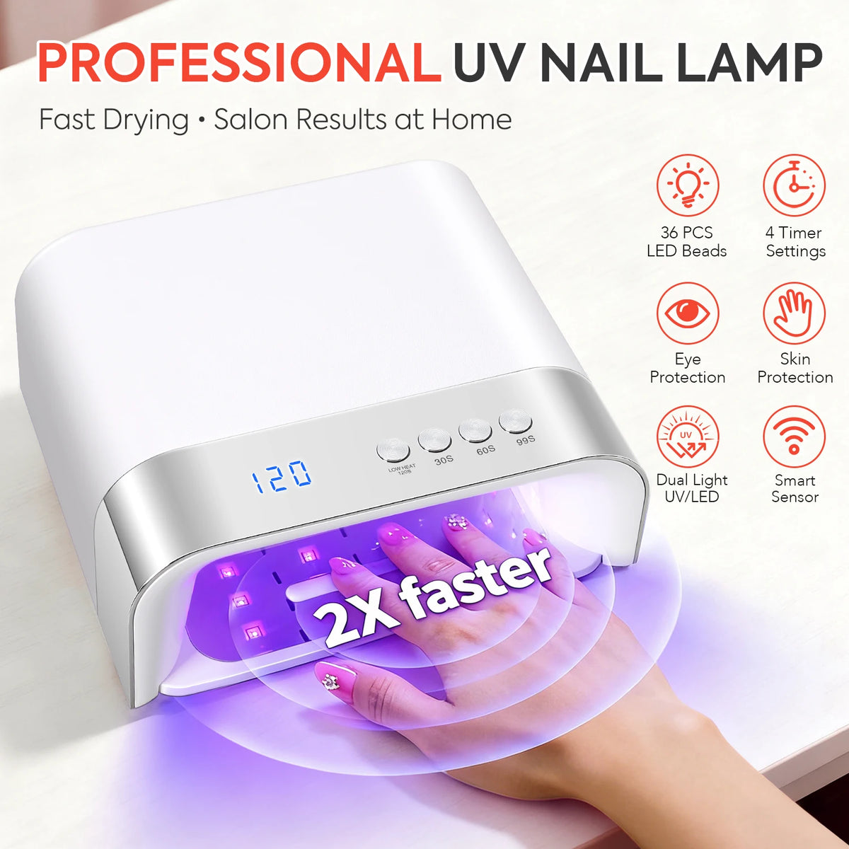 UV LED Nail Lamp Z38 with 36 Listed LEDs, Four Timer Settings and Infrared Auto Sensor, Magnetic Removable Base and White, Diamond or Red Options