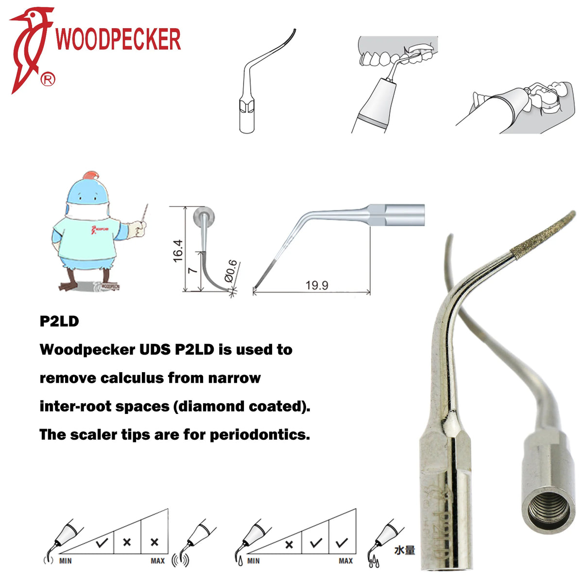 Ultrasonic Scaler Handpiece and Tip Options by Woodpecker, HW-5L LED Handpiece or P, E and G Series Tips for Compatible Dental Equipment