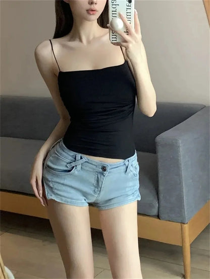 Women's Fixed Pad Crop Top with Thin Straps, Sleeveless Polyester Casual Tank in Red, Black, White or Grey, One Size for Layering and Going-Out Outfits