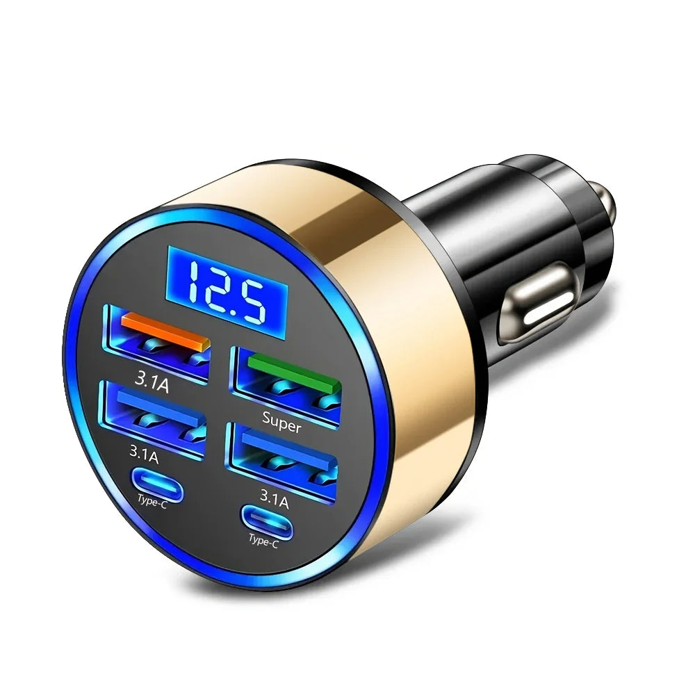 Dual Type-C Car Charging Adapter, Black Charger with Digital Display and Listed 6-in-1 Format and 3.1A Rating for Compatible Phones, Tablets and Power Banks