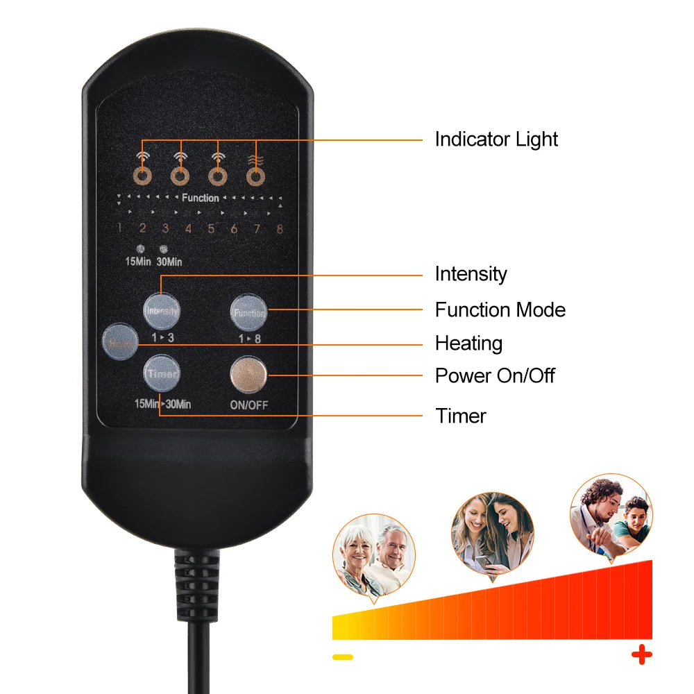 Heated Vibration Seat Massager Type B with Seven Listed Motors, Eight Modes, Three Intensity Levels and 15 or 30 Minute Timers for Home Office Relaxation