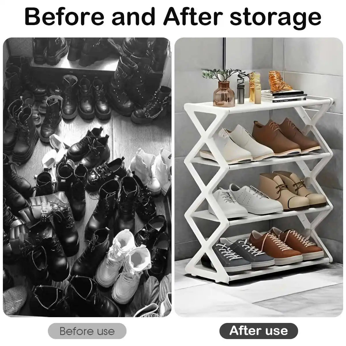 Four-Tier X-Frame Shoe Rack with Steel Tubes and Cloth Shelves, Compact Tool-Free Footwear Organizer for Entryways, Dorm Rooms and Bedroom Storage