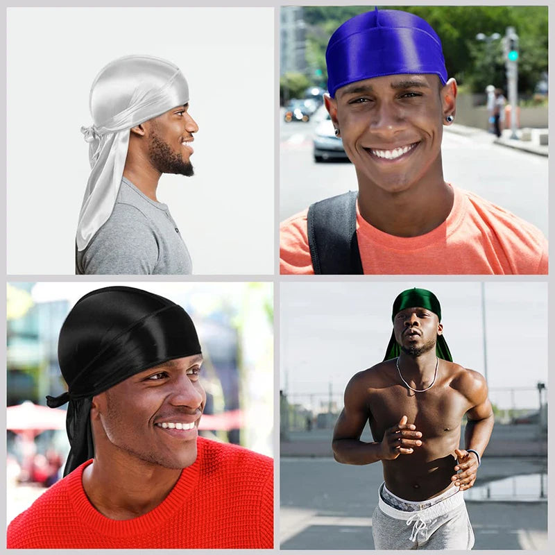 Long Tail Durag with Satin Bonnet and Dome Cap References, Polyester Adult One-Size Headwear in Seven Colors with Three-Piece Lot Wording for Unisex Styling