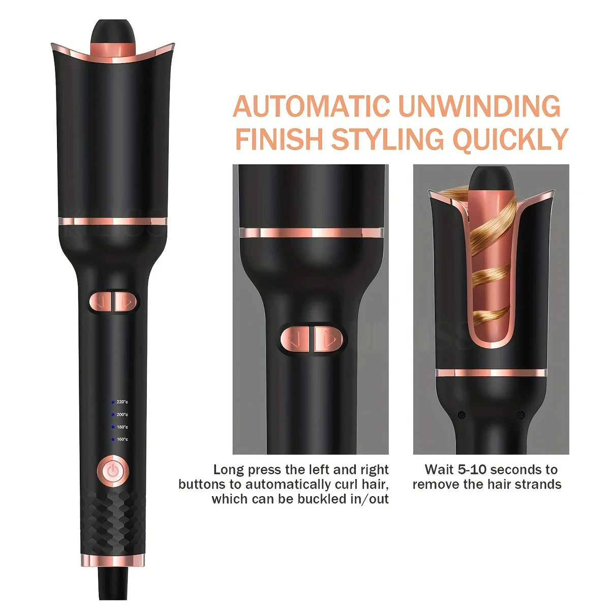 Plug-In Automatic Hair Curler with Listed 34W Power, Tourmaline Ceramic Heat Conductor, Three Temperature Settings and 2-Meter Cable with Box and Plug Options