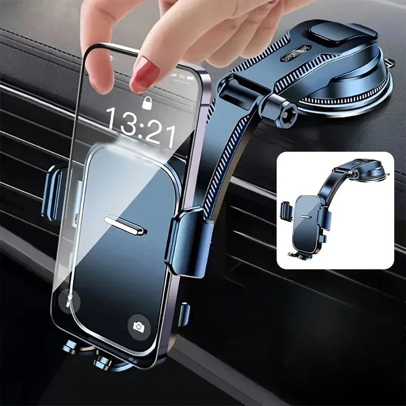 Car Phone Holder with Gravity Clamping Arms, Extension Rod and Suction Cup Base, Rotating Dashboard or Windshield Mount in Mirrored or Textured Options