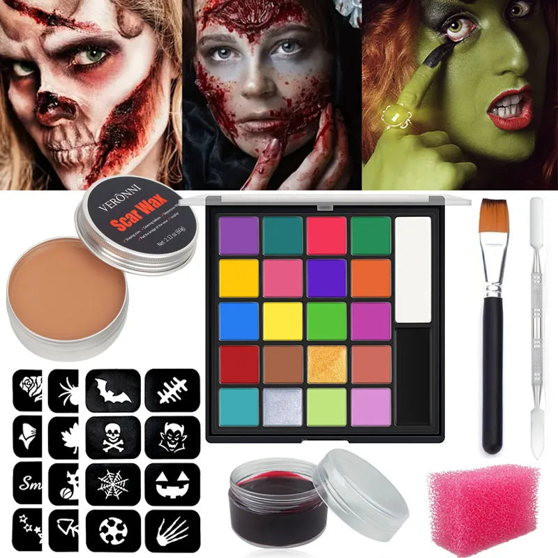 22 Color Face Paint Palette and SFX Makeup Kit Options for Halloween, Cosplay and Stage Costumes, with Brush Bundle Choices for Creative Body Art