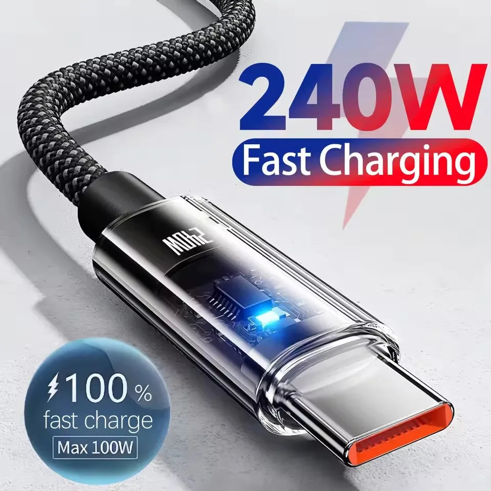 LED Display USB-C Charging Cable with Nylon Exterior, Dual Type C or USB Type C Options in 0.25m to 2m Lengths for Compatible Devices, Listed 240W Reference