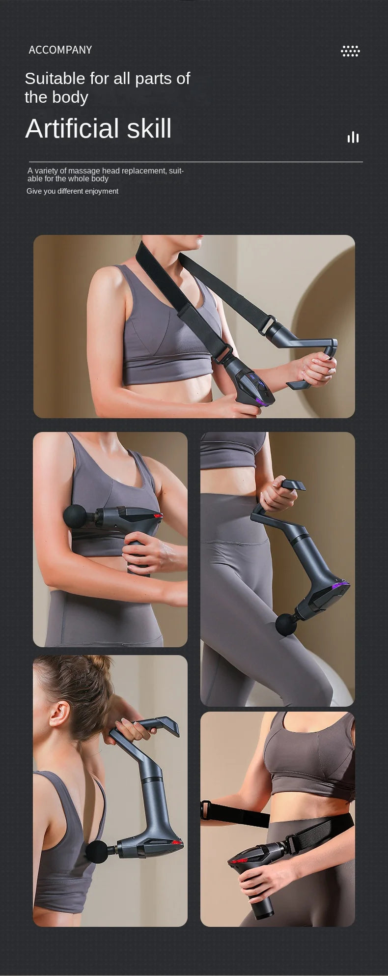 Long-Handle Massage Gun in Dark Gray with 1500mAh Battery, Type-C Charging and Listed 2600–3300rpm Motor Speed for Adult Personal Massage Routines