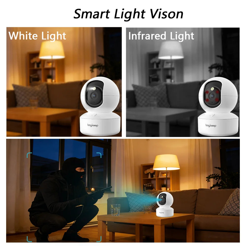 Indoor WiFi Security Camera by BoyKeep, Listed 2K Video with Dual-Band WiFi, 360-Degree PTZ, Infrared Night Vision and Two-Way Audio, USB Selection