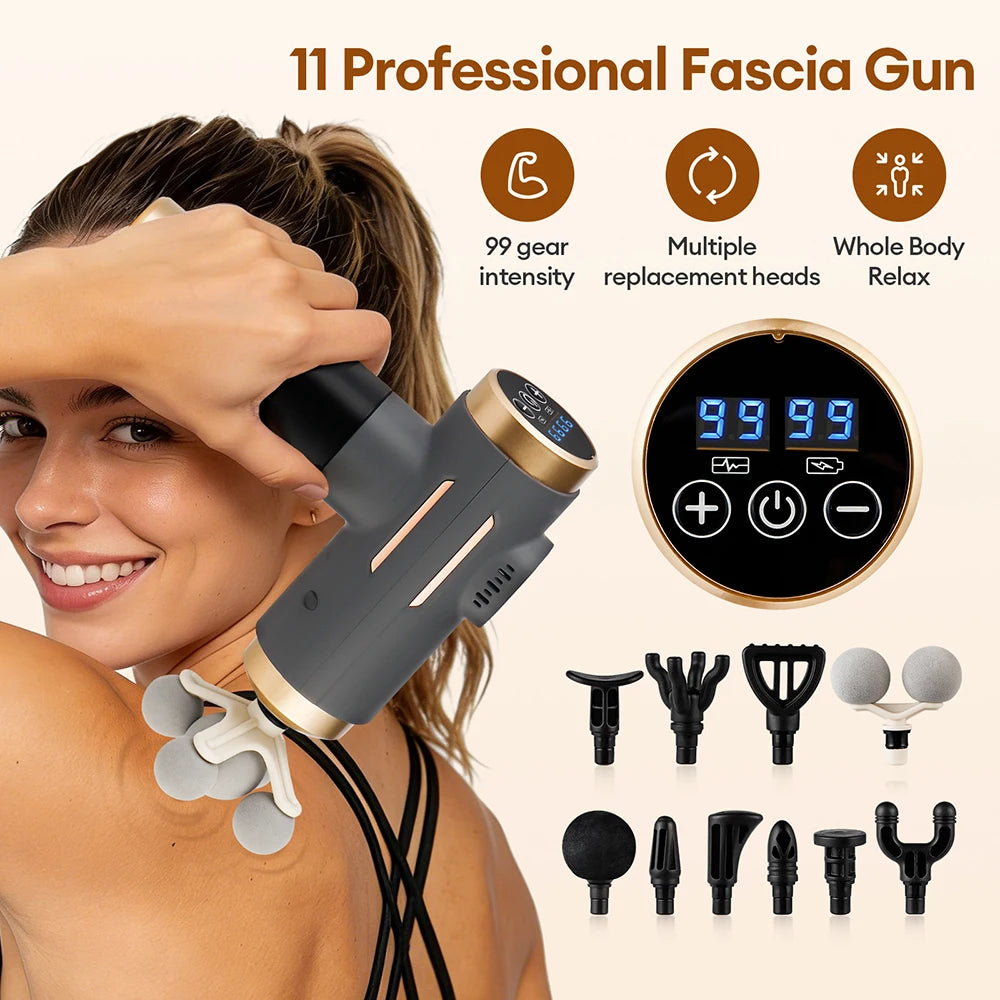 11-Head Massage Gun with 99 Adjustable Settings, USB-C Rechargeable Personal Massager with 1500mAh Battery and 10-Minute Timer for Adult Home Comfort